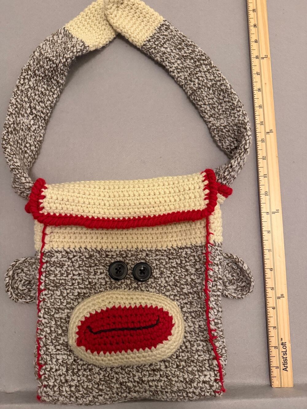 Crochet Sock Monkey Crossbody Bag Purse Gray Red Cream